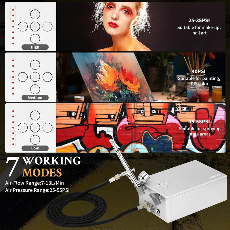 Ovaga طقم رش هواء فائق الصمت 55PSI، طقم رش هواء متعدد الوظائف ذو عمل مزدوج مع ضاغط للرسم، طقم رش هواء محمول لتزيين الكعك، فن المكياج، الحرف اليدوية، تصميم الأظافر، نموذج الوشم، فضي - Image 5